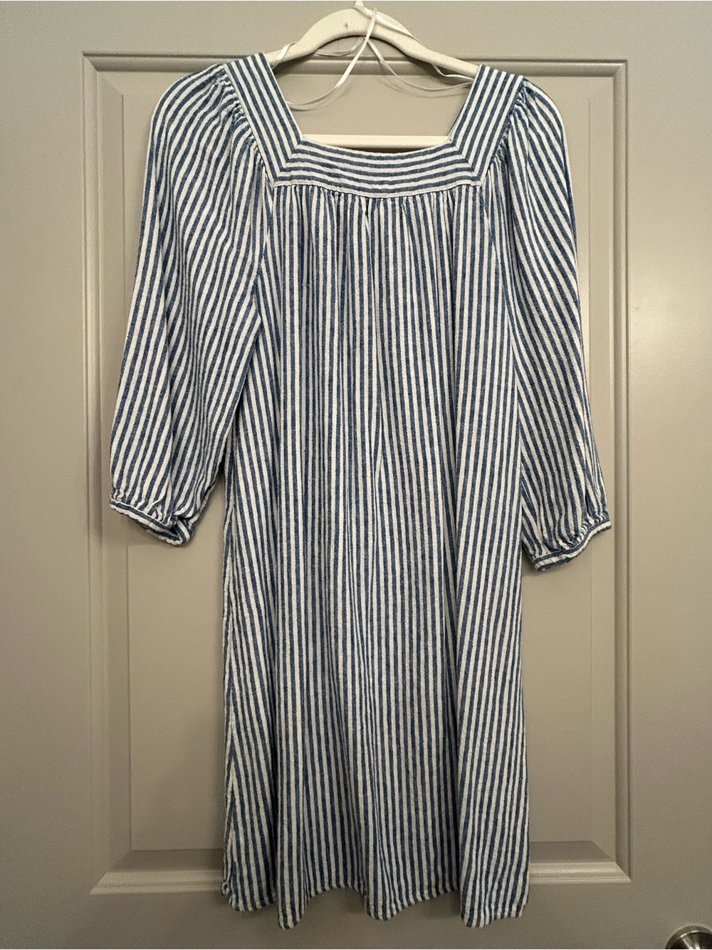 Blue and White Striped Square Neck Dress. Belted or not super cute!